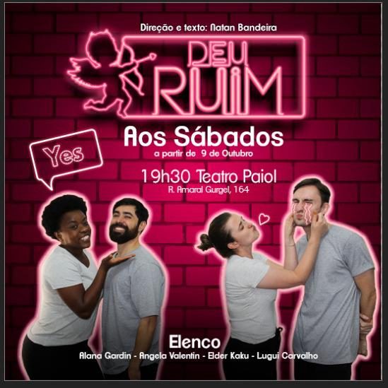 Cartaz de Deu Ruim: letreiro neon com cupido e dois casais